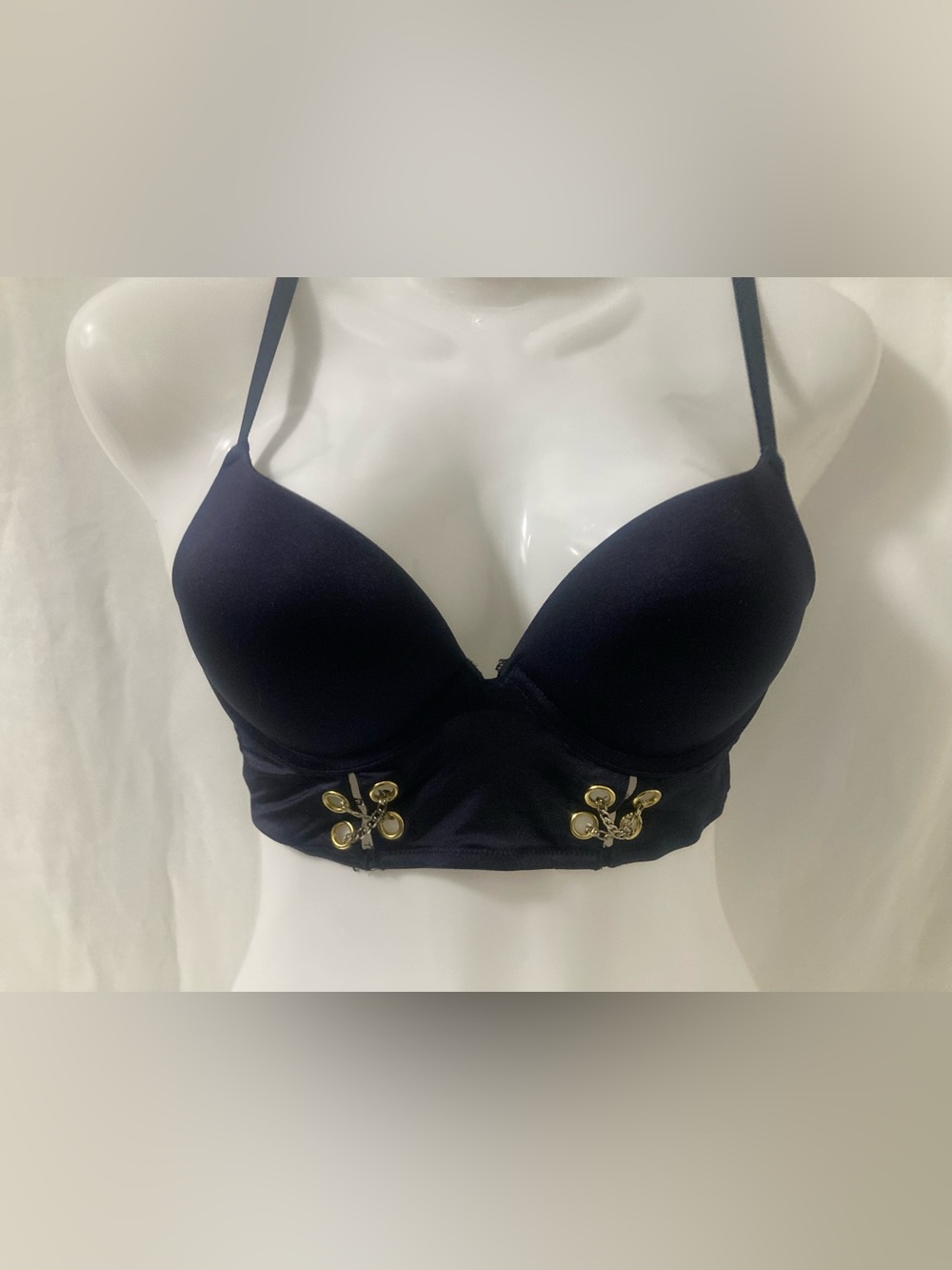 La Senza Black Longline Padded Bra Gold Chain Grommet Detail XS